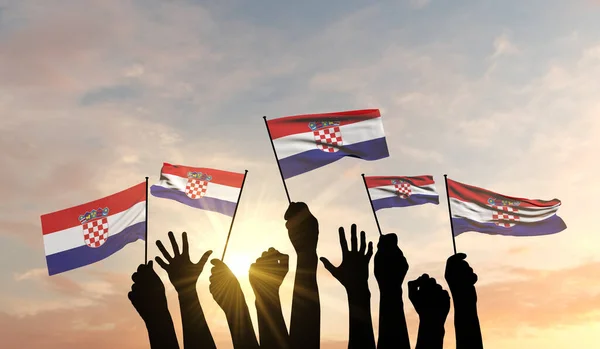 Silueta de armas izada ondeando una bandera de Croacia con orgullo. Renderizado 3D — Foto de Stock