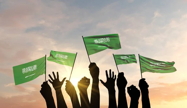 Silueta de armas izada ondeando una bandera de Arabia Saudita con orgullo. Renderizado 3D — Foto de Stock