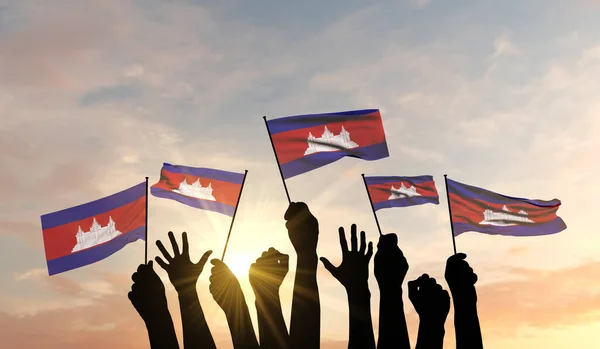 Силуэт оружия с гордостью размахивал камбоджийским флагом. 3D рендеринг — стоковое фото