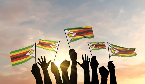 Wapensilhouet gehesen met een Zimbabwe vlag zwaaiend met trots. 3D-weergave — Stockfoto