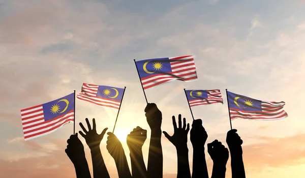 실루엣은 자랑스럽게 말레이시아 국기를 흔들었다. 3D 렌더링 — 스톡 사진