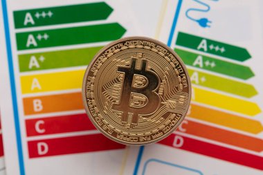 Enerji verimliliği derecelendirme grafikli Bitcoin kripto altın sikkesi