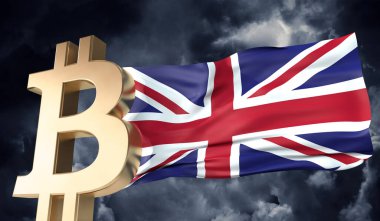 İngiliz bayrağı sallanan altın bitcoin kripto para birimi. 3B Hazırlama
