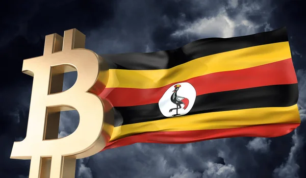 Bitcoin oro criptovaluta con una bandiera Uganda sventolando. Rendering 3D — Foto Stock