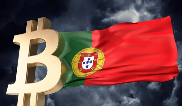 Bitcoin or crypto-monnaie avec un drapeau du Portugal ondulant. Rendu 3D — Photo