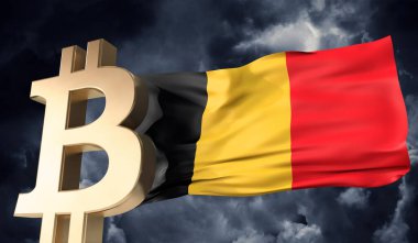 Üzerinde Belçika bayrağı sallanan altın bitcoin kripto para birimi. 3B Hazırlama