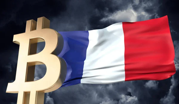 Bitcoin or crypto-monnaie avec un drapeau de la France ondulant. Rendu 3D — Photo