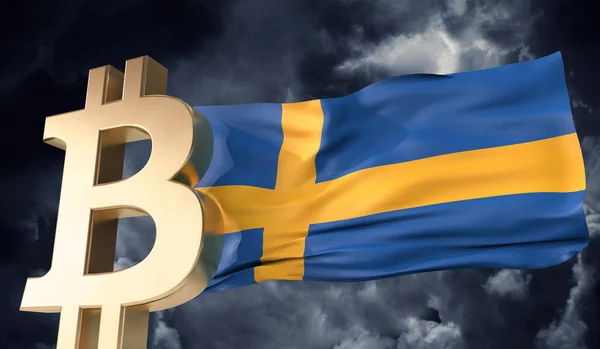 Gold bitcoin cryptocurrency with a waving Sweden flag. 3D Rendering — Stock Photo, Image