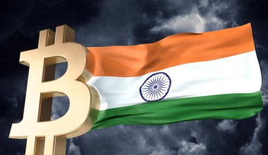Üzerinde Hindistan bayrağı sallanan altın bitcoin kripto para birimi. 3B Hazırlama