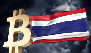 Üzerinde Tayland bayrağı sallanan altın bitcoin kripto para birimi. 3B Hazırlama