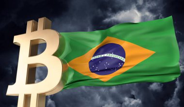 Brezilya bayrağı sallanan altın bitcoin kripto para birimi. 3B Hazırlama