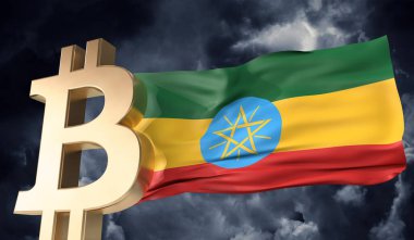 Etiyopya bayrağı sallanan altın bitcoin kripto para birimi. 3B Hazırlama