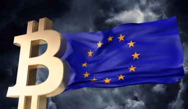 Üzerinde Avrupa bayrağı sallanan altın bitcoin kripto para birimi. 3B Hazırlama
