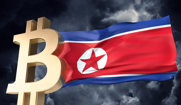 Gold bitcoin cryptocurrency with a waving North Korea flag. 3D Rendering — Stock Photo, Image