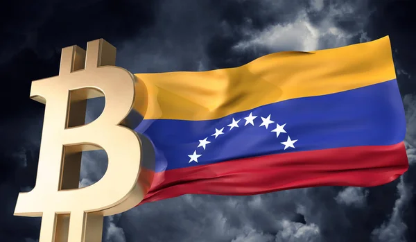 Bitcoin oro criptovaluta con una bandiera Venezuela sventolando. Rendering 3D — Foto Stock