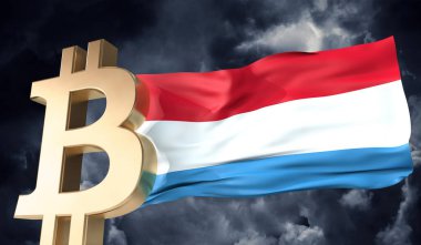 Lüksemburg bayrağı sallanan altın bitcoin kripto para birimi. 3B Hazırlama