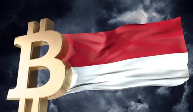 Endonezya bayrağı sallanan altın bitcoin kripto para birimi. 3B Hazırlama