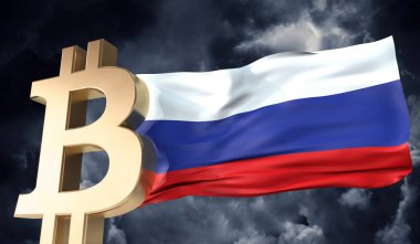 Üzerinde Rusya bayrağı sallanan altın bitcoin kripto para birimi. 3B Hazırlama