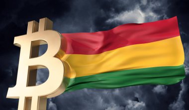 Üzerinde Bolivya bayrağı sallanan altın bitcoin kripto para birimi. 3B Hazırlama