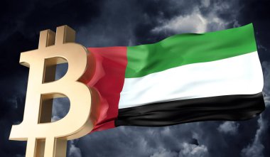 Üzerinde BAE bayrağı sallanan altın bitcoin kripto para birimi. 3B Hazırlama
