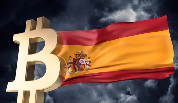 Criptomoeda bitcoin ouro com uma bandeira acenando Espanha. Renderização 3D — Fotografia de Stock