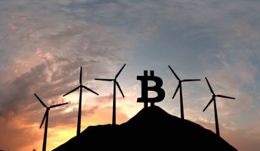 Bitcoin cryptocurrency logo silhouette with sustainable wind turbines. 3D Rendering