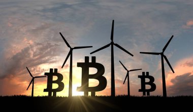 Bitcoin cryptocurrency logo silhouette with sustainable wind turbines. 3D Rendering