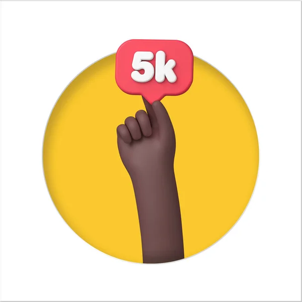 Mano con uno striscione di seguaci di social media 5k. Rendering 3D — Foto Stock