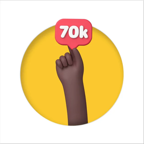 Mão com um banner de seguidores de mídia social 70k. Renderização 3D — Fotografia de Stock