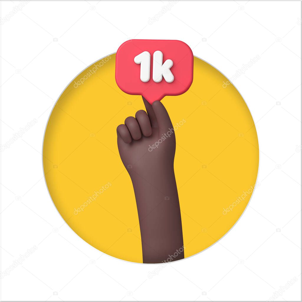 Hand with a 1k social media followers banner. 3D Rendering