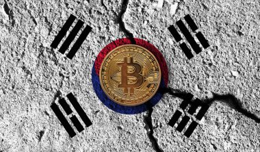 Bitcoin kripto bozuk para ve kırık Kore bayrağı. Kripto kısıtlamaları