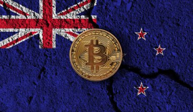 Yeni Zelanda bayrağı kırılmış Bitcoin kripto para birimi. Kripto kısıtlamaları