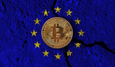 Bitcoin kripto bozuk para ve kırık AB bayrağı. Kripto kısıtlamaları