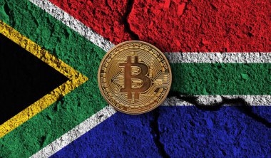 Güney Afrika bayrağı kırılmış Bitcoin kripto para birimi. Kripto kısıtlamaları