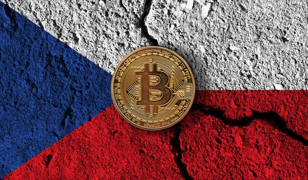 Bitcoin crypto currency coin with cracked Czech flag. Crypto restrictions — Stock Photo, Image