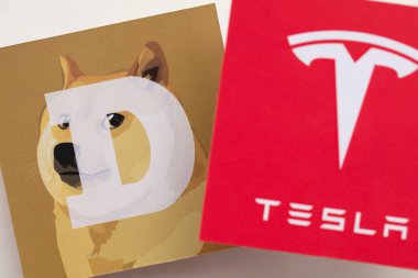 LONDON, UK - June 2021: Tesla electric vehicle and dogecoin cryptocurrency clipart