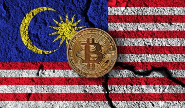 Bitcoin crypto currency coin with cracked Malaysia flag. Crypto restrictions clipart