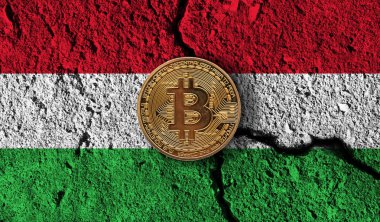 Kırık Macaristan bayrağı taşıyan Bitcoin şifreli para birimi. Kripto kısıtlamaları