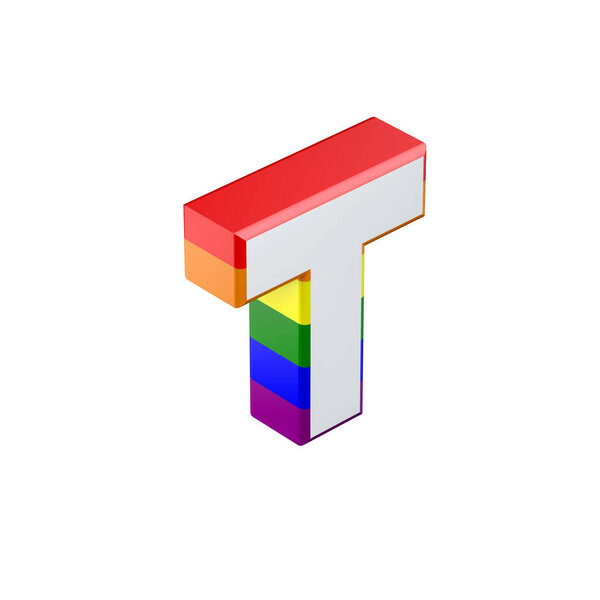 Isometric letter T gay pride rainbow flag font. 3D Rendering