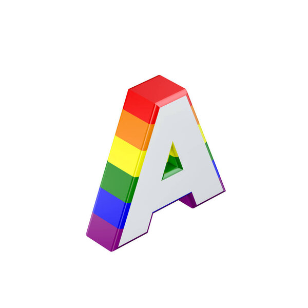 Isometric letter A gay pride rainbow flag font. 3D Rendering
