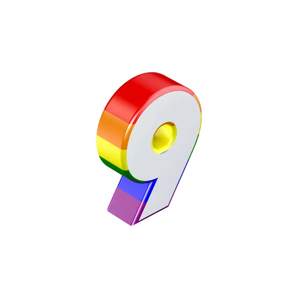 Isometric numer 9 gej duma tęcza flaga czcionka. Renderowanie 3D — Zdjęcie stockowe