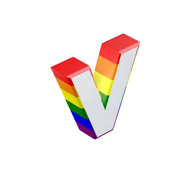 Isométrica letra V orgulho gay arco-íris bandeira fonte. Renderização 3D — Fotografia de Stock