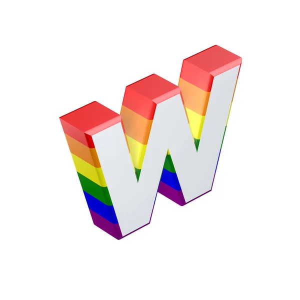 Isométrica letra W orgulho gay arco-íris bandeira fonte. Renderização 3D — Fotografia de Stock