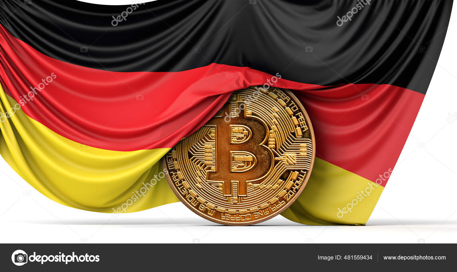 Germany flag draped over a bitcoin cryptocurrency coin. 3D Rendering