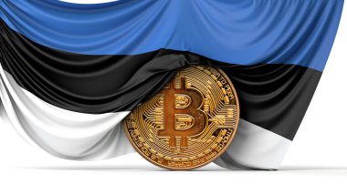 Estonya bayrağı bir bitcoin kripto para biriminin üzerine örtülmüş. 3B Hazırlama