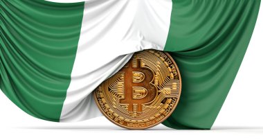 Nigeria flag draped over a bitcoin cryptocurrency coin. 3D Rendering clipart