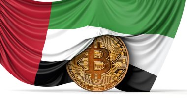 UAE flag draped over a bitcoin cryptocurrency coin. 3D Rendering clipart