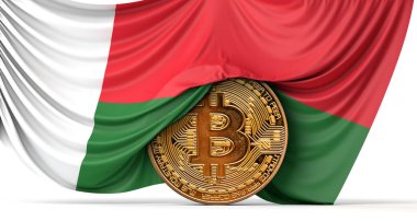 Madagaskar bayrağı bitcoin kripto para biriminin üzerine örtülmüş. 3B Hazırlama