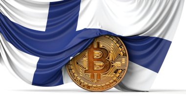 Finlandiya bayrağı bitcoin kripto para üzerine sarılı. 3B Hazırlama