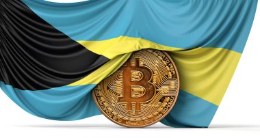 Bahama bayrağı bir bitcoin kripto para üzerine örtülmüş. 3B Hazırlama